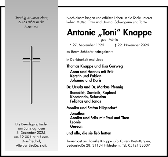 Traueranzeige von Antonie Knappe von Hildesheimer Allgemeine Zeitung