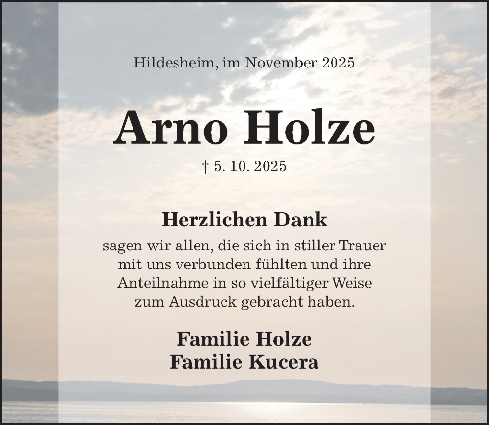  Traueranzeige für Arno Holze vom 01.11.2025 aus Hildesheimer Allgemeine Zeitung