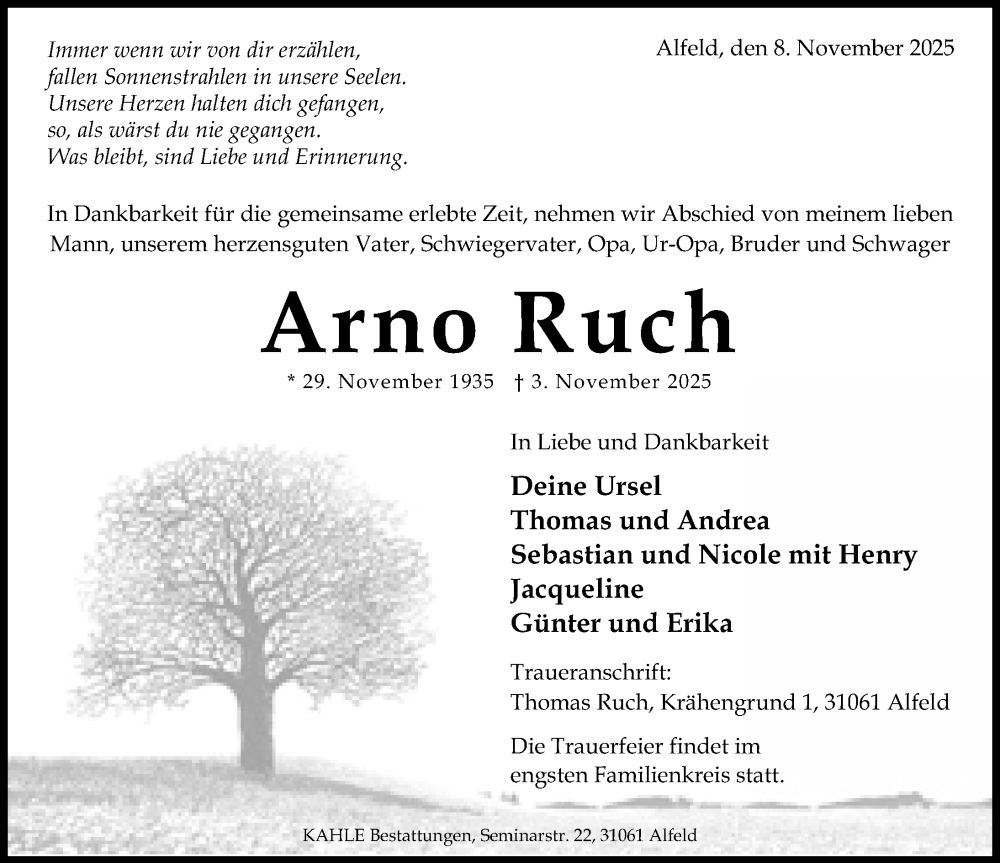  Traueranzeige für Arno Ruch vom 08.11.2025 aus Hildesheimer Allgemeine Zeitung