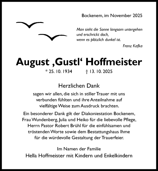 Traueranzeige von August Hoffmeister von Hildesheimer Allgemeine Zeitung