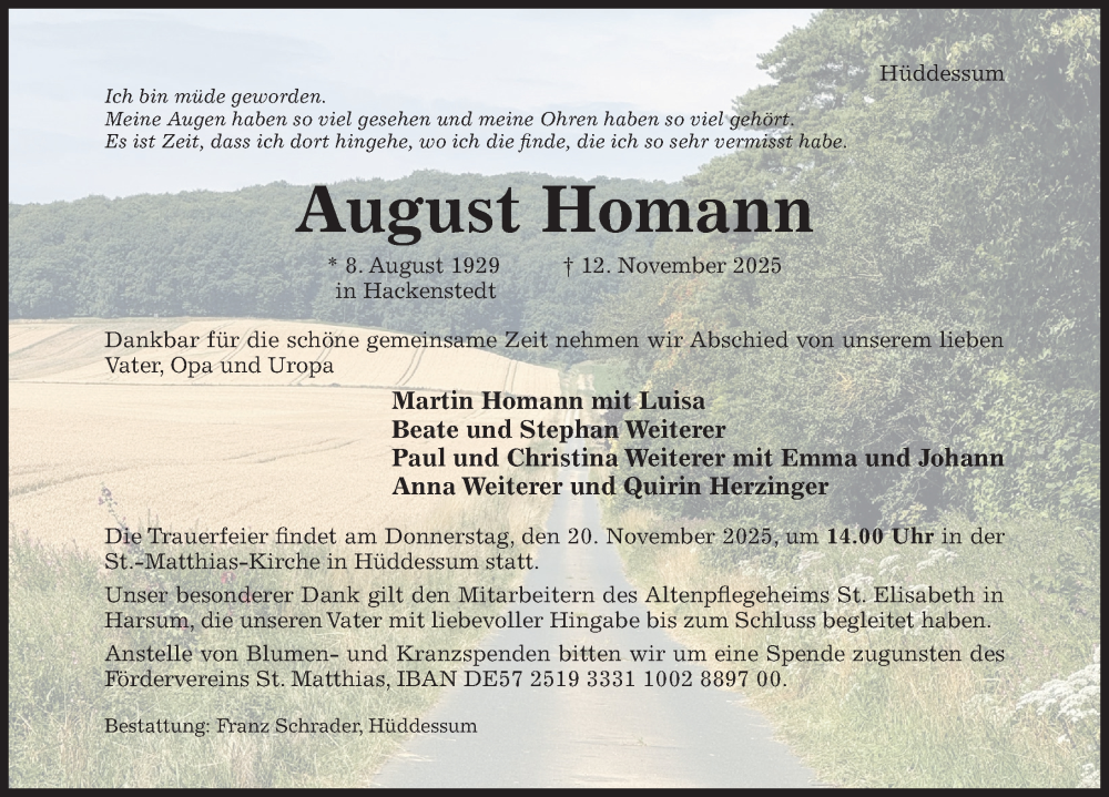  Traueranzeige für August Homann vom 15.11.2025 aus Hildesheimer Allgemeine Zeitung