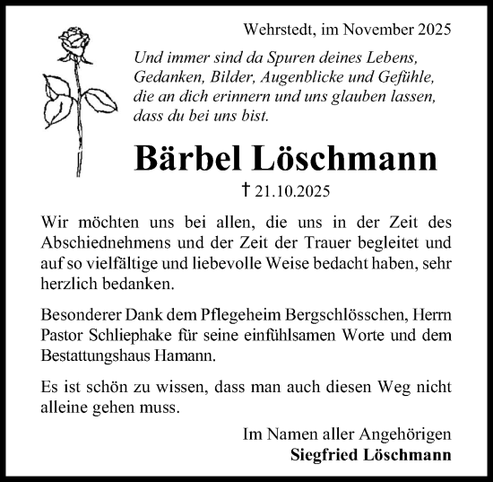 Traueranzeige von Bärbel Löschmann von Hildesheimer Allgemeine Zeitung