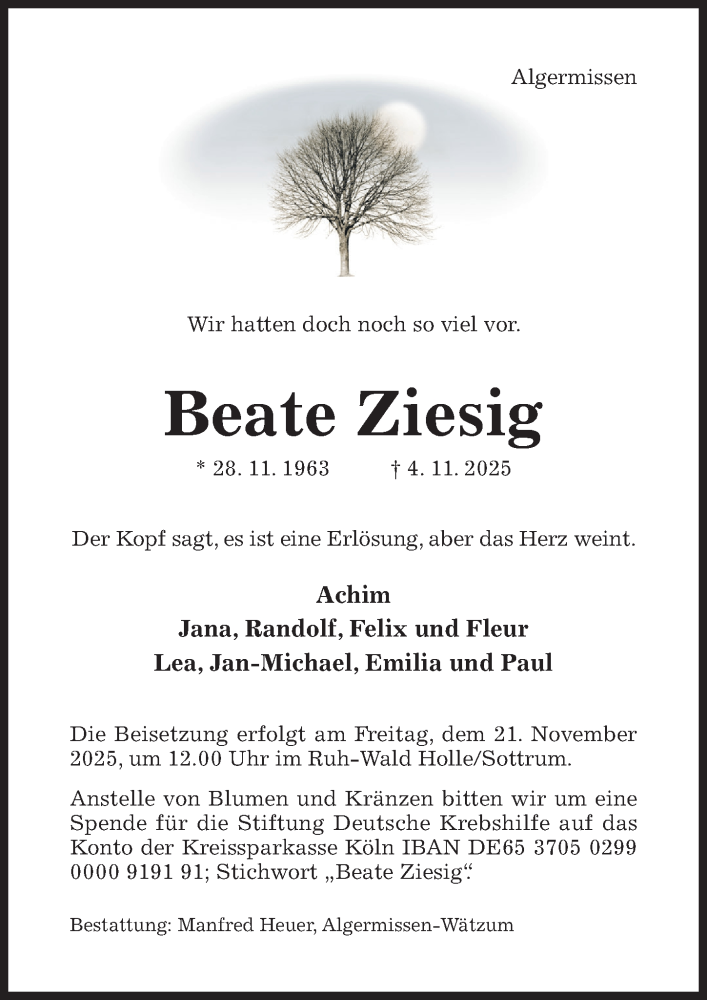  Traueranzeige für Beate Ziesig vom 12.11.2025 aus Hildesheimer Allgemeine Zeitung