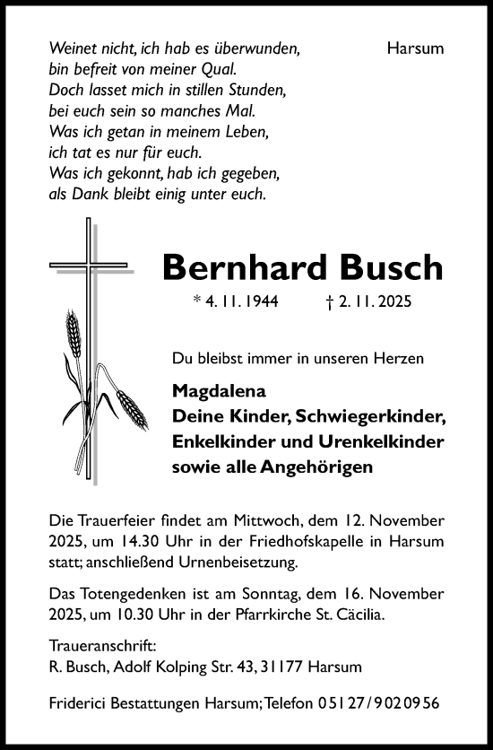 Traueranzeige von Bernhard Busch von Hildesheimer Allgemeine Zeitung