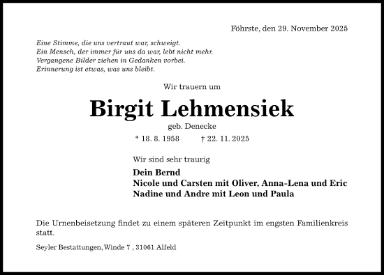 Traueranzeige von Birgit Lehmensiek von Hildesheimer Allgemeine Zeitung
