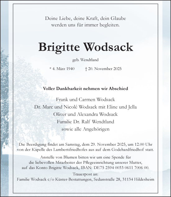 Traueranzeige von Brigitte Wodsack von Hildesheimer Allgemeine Zeitung
