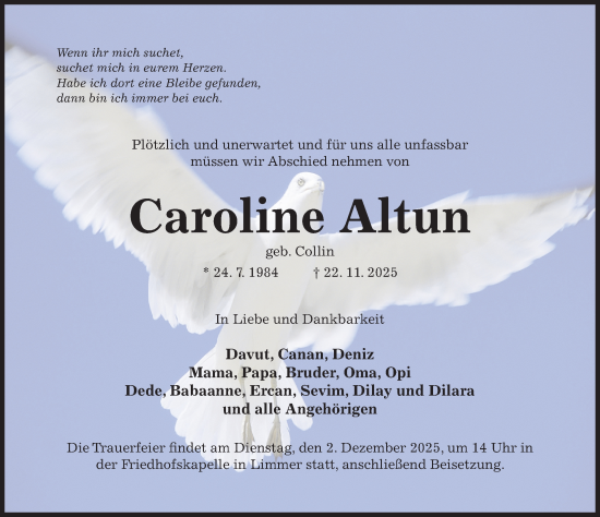 Traueranzeige von Caroline Altun von Hildesheimer Allgemeine Zeitung