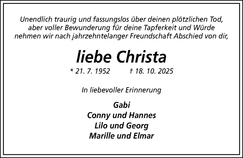 Traueranzeige für Christa  vom 05.11.2025 aus Hildesheimer Allgemeine Zeitung