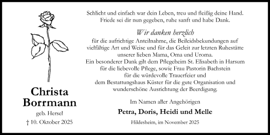 Traueranzeige von Christa Borrmann von Hildesheimer Allgemeine Zeitung