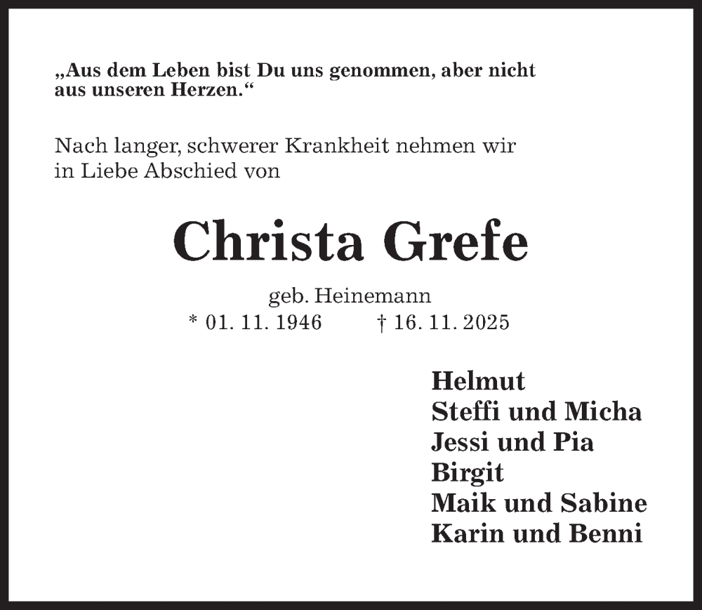  Traueranzeige für Christa Grefe vom 22.11.2025 aus Hildesheimer Allgemeine Zeitung