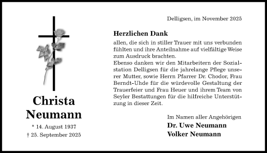Traueranzeige von Christa Neumann von Hildesheimer Allgemeine Zeitung