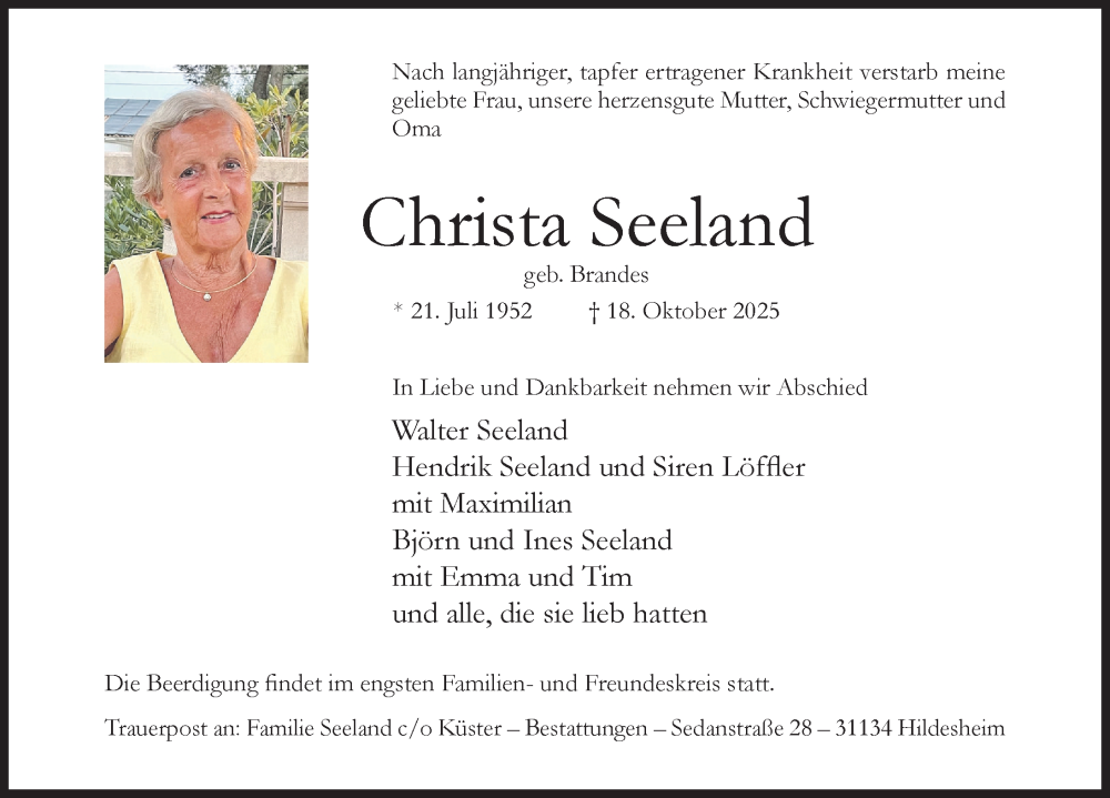  Traueranzeige für Christa Seeland vom 05.11.2025 aus Hildesheimer Allgemeine Zeitung