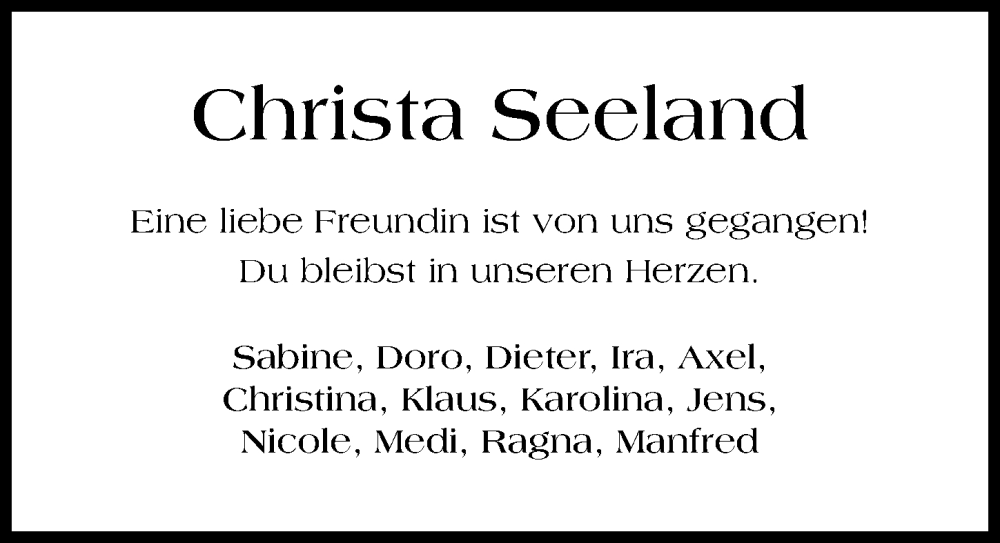  Traueranzeige für Christa Seeland vom 05.11.2025 aus Hildesheimer Allgemeine Zeitung