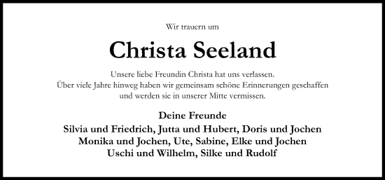 Traueranzeige von Christa Seeland von Hildesheimer Allgemeine Zeitung