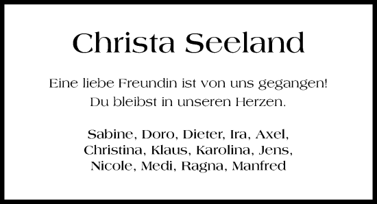 Traueranzeige von Christa Seeland von Hildesheimer Allgemeine Zeitung