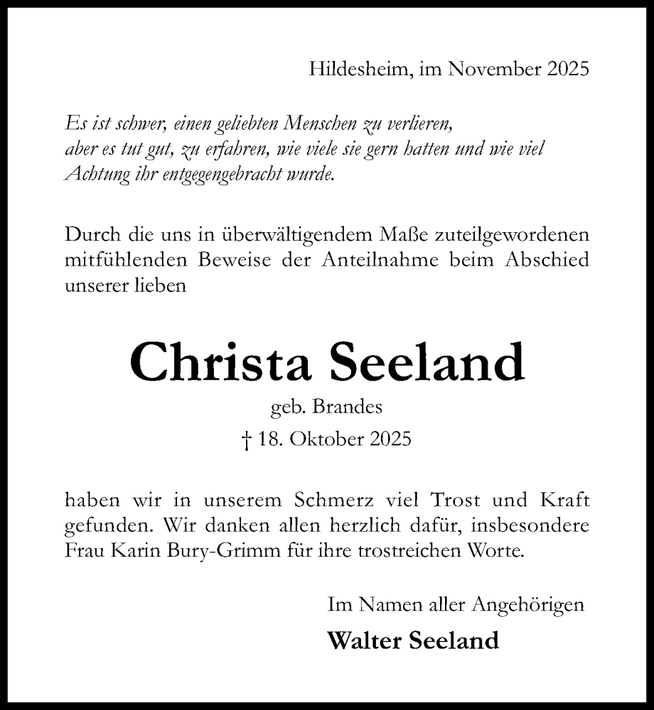  Traueranzeige für Christa Seeland vom 22.11.2025 aus Hildesheimer Allgemeine Zeitung