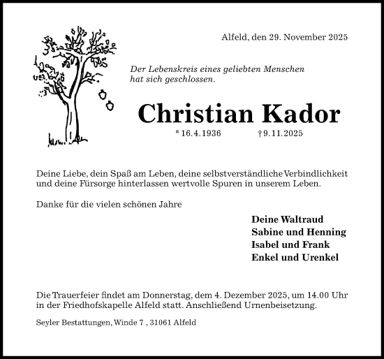 Traueranzeige von Christian Kador von Hildesheimer Allgemeine Zeitung