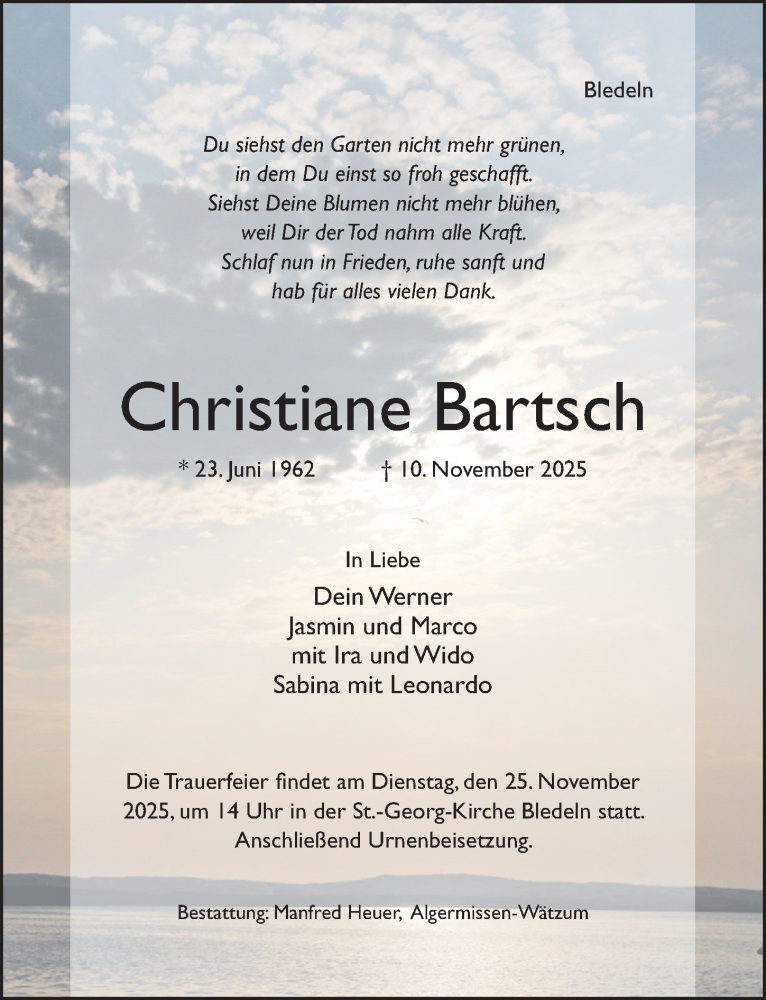  Traueranzeige für Christiane Bartsch vom 19.11.2025 aus Hildesheimer Allgemeine Zeitung