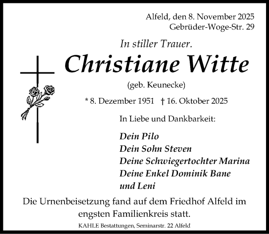 Traueranzeige von Christiane Witte von Hildesheimer Allgemeine Zeitung