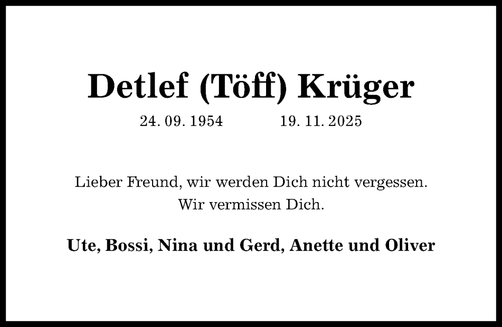  Traueranzeige für Detlef Krüger vom 26.11.2025 aus Hildesheimer Allgemeine Zeitung