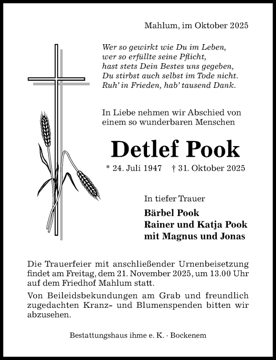 Traueranzeige von Detlef Pook von Hildesheimer Allgemeine Zeitung