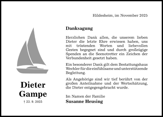 Traueranzeige von Dieter Gampe von Hildesheimer Allgemeine Zeitung