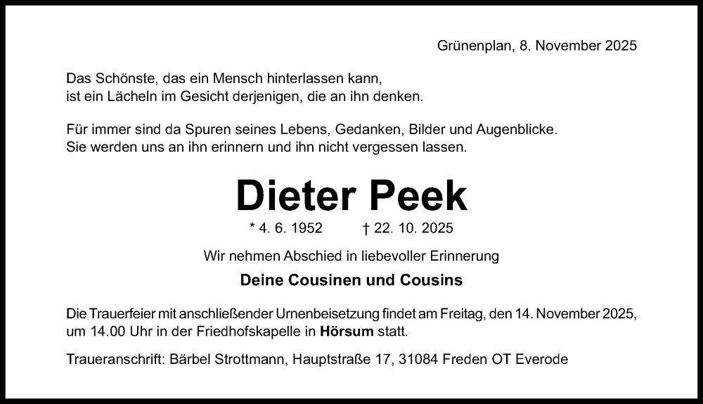  Traueranzeige für Dieter Peek vom 08.11.2025 aus Hildesheimer Allgemeine Zeitung