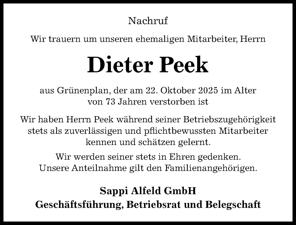  Traueranzeige für Dieter Peek vom 12.11.2025 aus Hildesheimer Allgemeine Zeitung