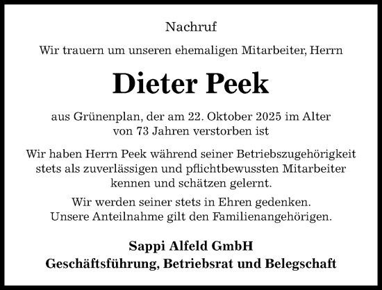 Traueranzeige von Dieter Peek von Hildesheimer Allgemeine Zeitung