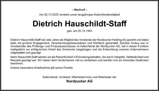 Traueranzeige von Dietrich Hauschildt-Staff von Hildesheimer Allgemeine Zeitung