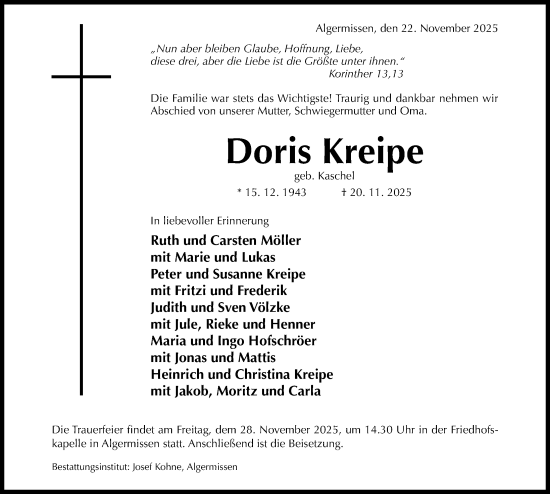 Traueranzeige von Doris Kreipe von Hildesheimer Allgemeine Zeitung