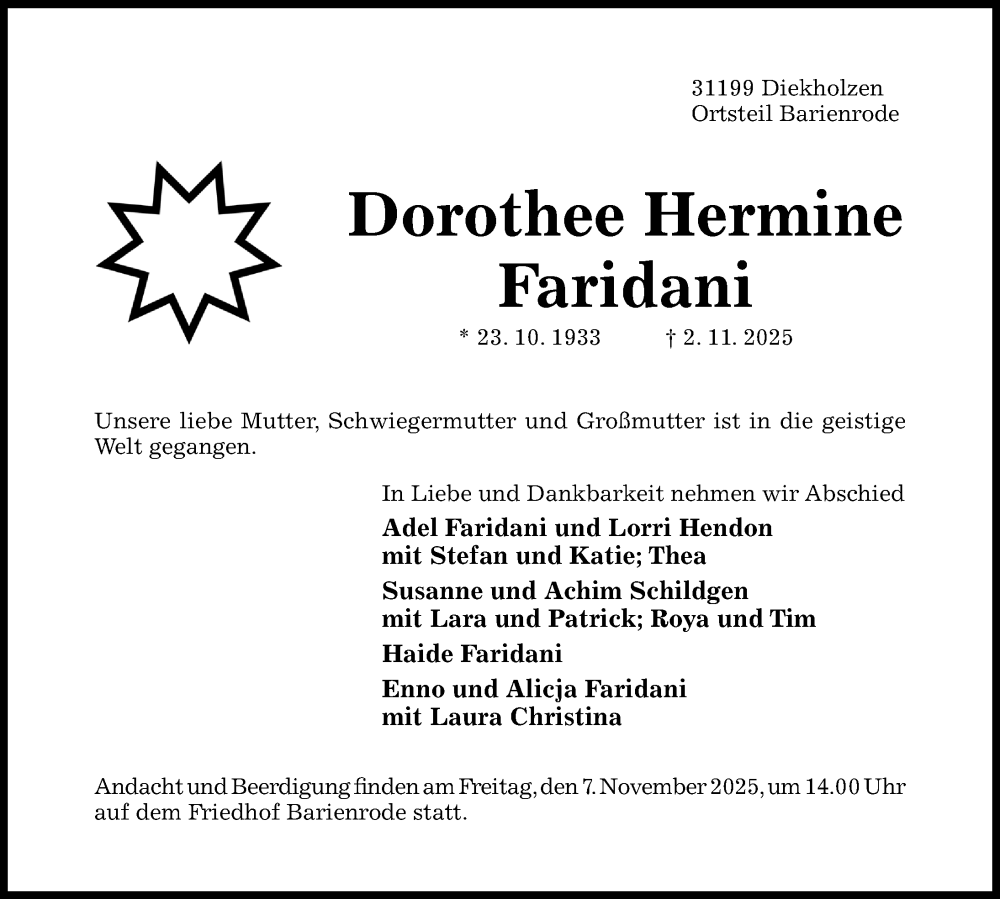  Traueranzeige für Dorothee Hermine Faridani vom 05.11.2025 aus Hildesheimer Allgemeine Zeitung