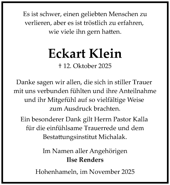 Traueranzeige von Eckart Klein von Hildesheimer Allgemeine Zeitung