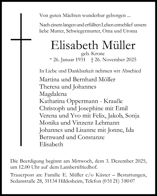 Traueranzeige von Elisabeth Müller von Hildesheimer Allgemeine Zeitung