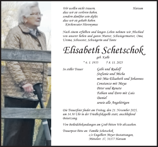 Traueranzeige von Elisabeth Schetschok von Hildesheimer Allgemeine Zeitung