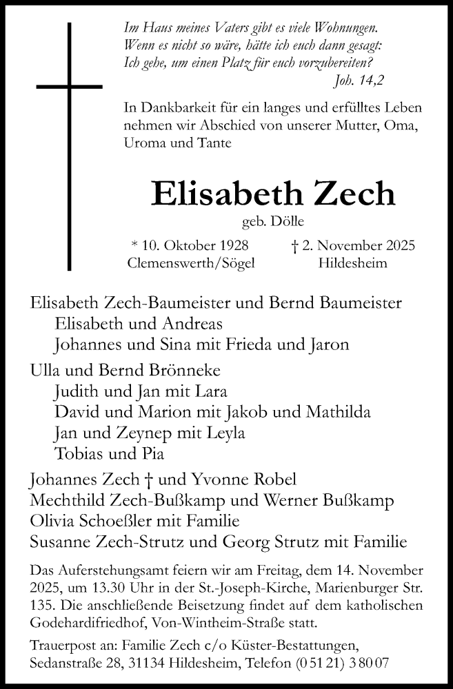  Traueranzeige für Elisabeth Zech vom 05.11.2025 aus Hildesheimer Allgemeine Zeitung