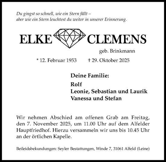 Traueranzeige von Elke Clemens von Hildesheimer Allgemeine Zeitung