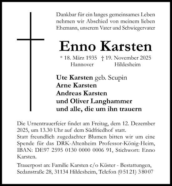 Traueranzeige von Enno Karsten von Hildesheimer Allgemeine Zeitung