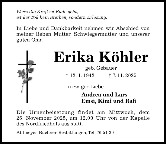 Traueranzeige von Erika Köhler von Hildesheimer Allgemeine Zeitung