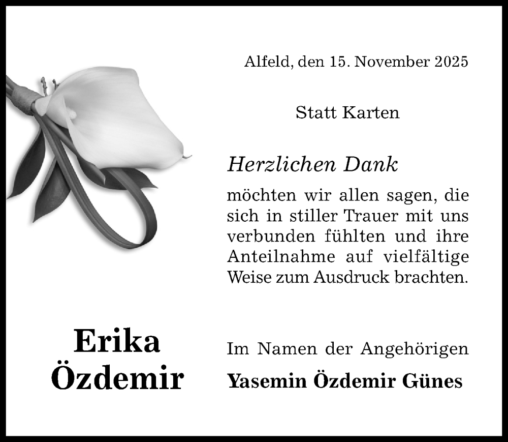  Traueranzeige für Erika Özdemir vom 15.11.2025 aus Hildesheimer Allgemeine Zeitung