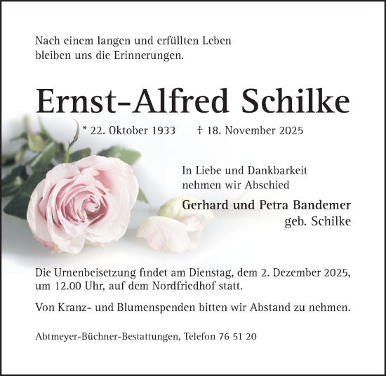 Traueranzeige von Ernst-Alfred Schilke von Hildesheimer Allgemeine Zeitung