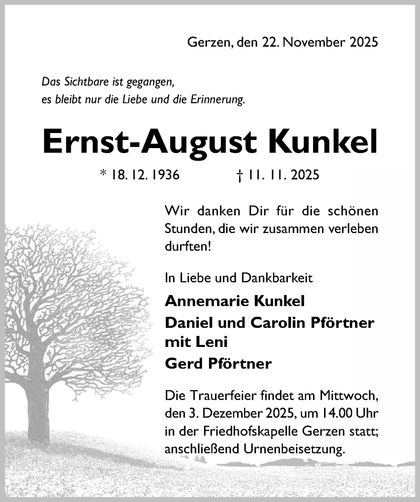  Traueranzeige für Ernst-August Kunkel vom 22.11.2025 aus Hildesheimer Allgemeine Zeitung