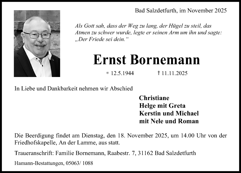  Traueranzeige für Ernst Bornemann vom 15.11.2025 aus Hildesheimer Allgemeine Zeitung