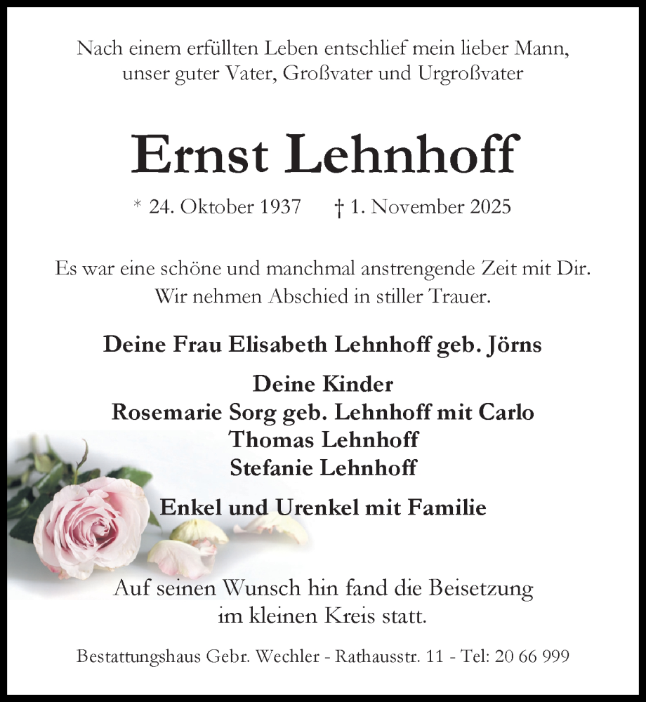  Traueranzeige für Ernst Lehnhoff vom 08.11.2025 aus Hildesheimer Allgemeine Zeitung
