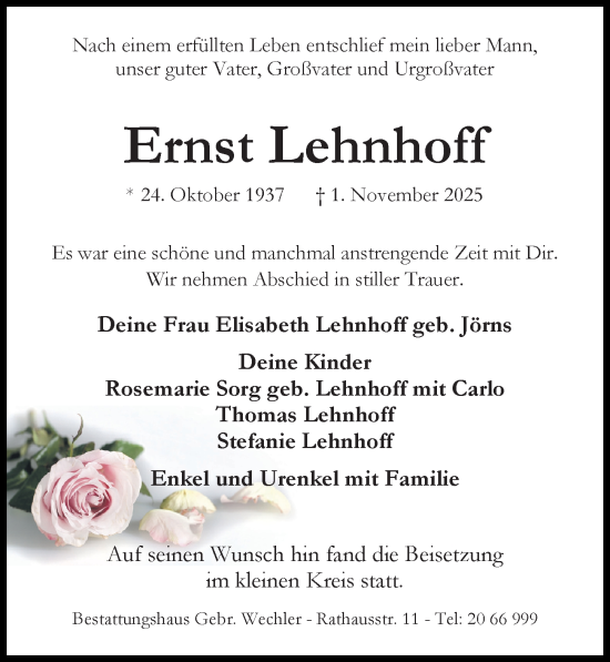 Traueranzeige von Ernst Lehnhoff von Hildesheimer Allgemeine Zeitung