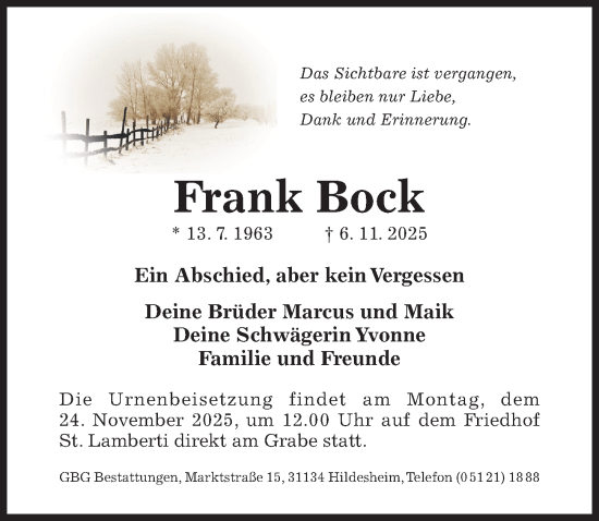 Traueranzeige von Frank Bock von Hildesheimer Allgemeine Zeitung