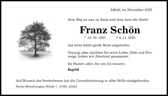 Traueranzeige von Franz Schön von Hildesheimer Allgemeine Zeitung