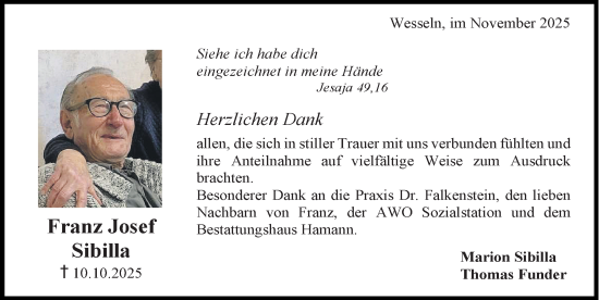 Traueranzeige von Franz Josef Sibilla von Hildesheimer Allgemeine Zeitung