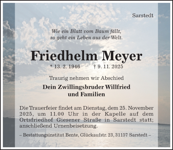 Traueranzeige von Friedhelm Meyer von Hildesheimer Allgemeine Zeitung