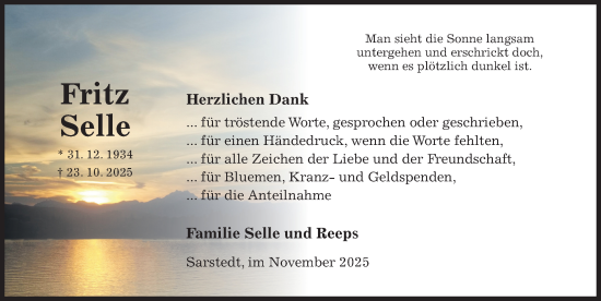 Traueranzeige von Fritz Selle von Hildesheimer Allgemeine Zeitung